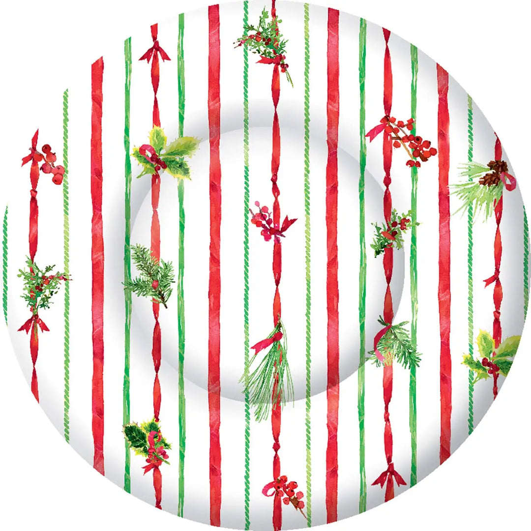 CHRISTMAS RIBBONS AND STRIPE 8" ROUND PLATES