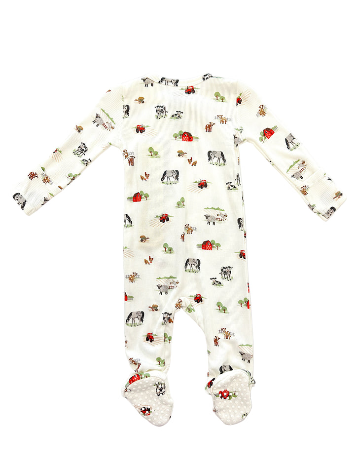 Little Farm Bamboo Zipper Footie – Soft Bamboo Baby Footed Pajamas with Farm Print | Walker Boutique