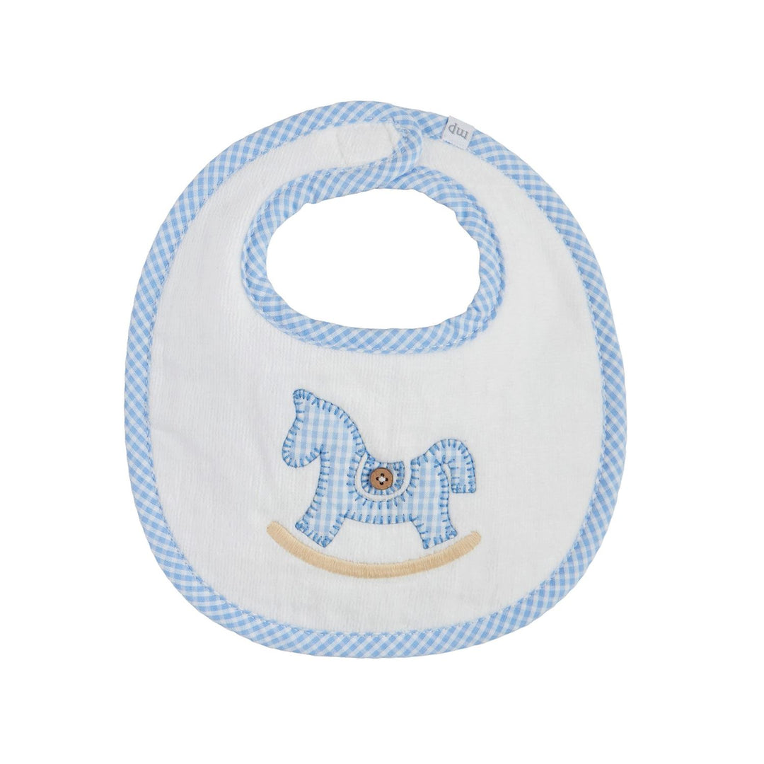 Baby bib with rocking horse design on a white background