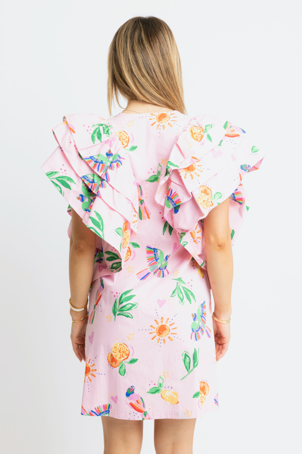 KARLIE: PINK TOUCAN FRUIT VNECK RUFFLE DRESS