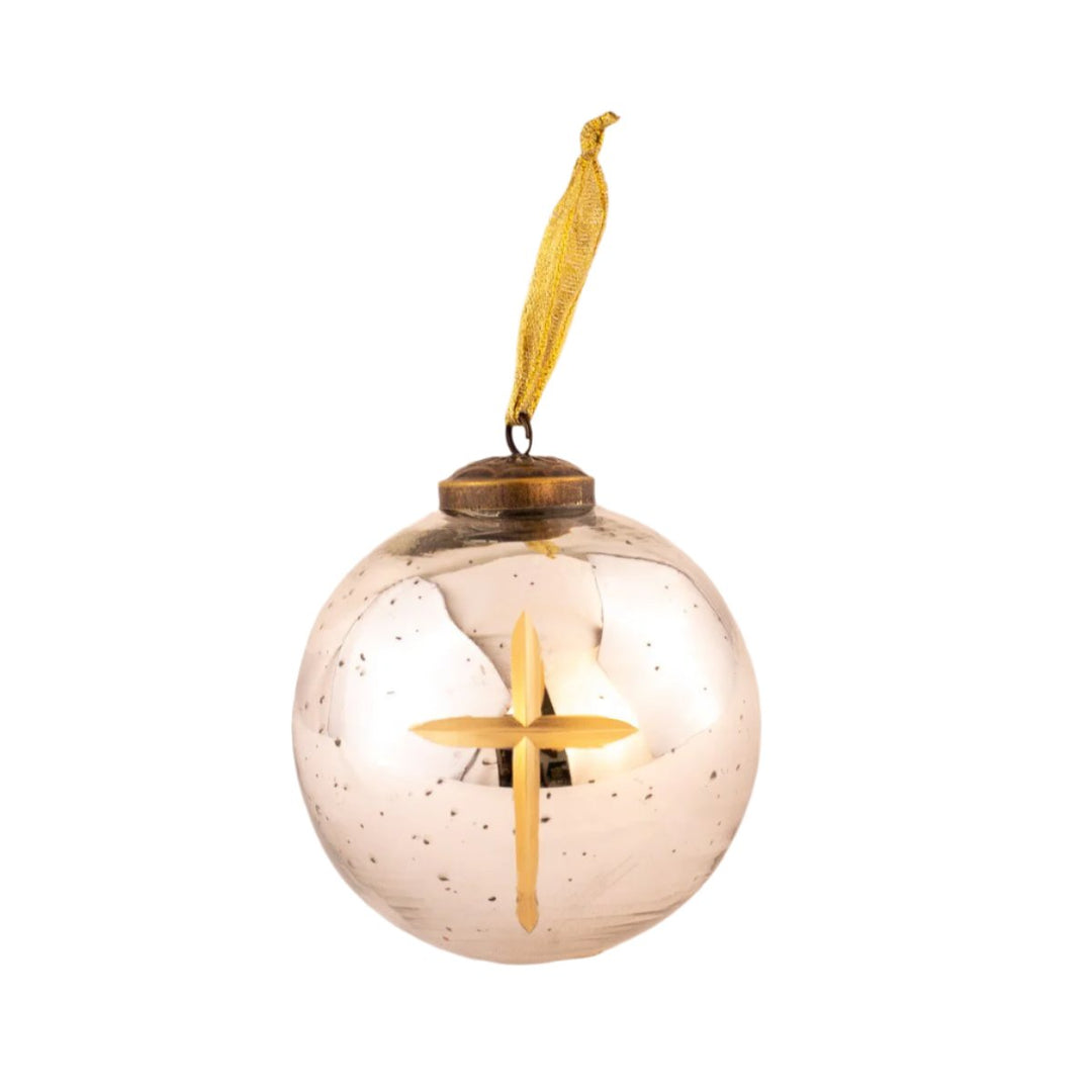 ANTIQUE SILVER CRUIX GLASS BALL ORNAMENT