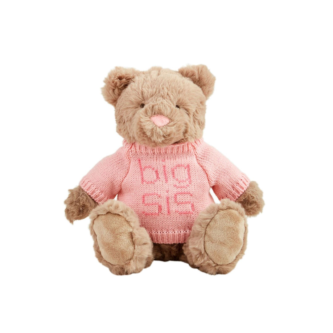 A beige teddy bear with a pink knit sweater that says 'big sis' on it, sitting against a white background.