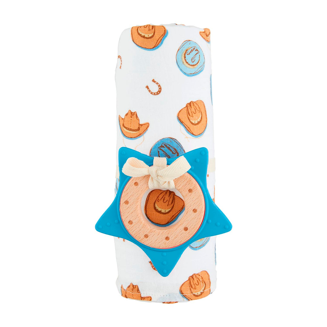 BLUE WILD WEST SWADDLE & TEETHER SET