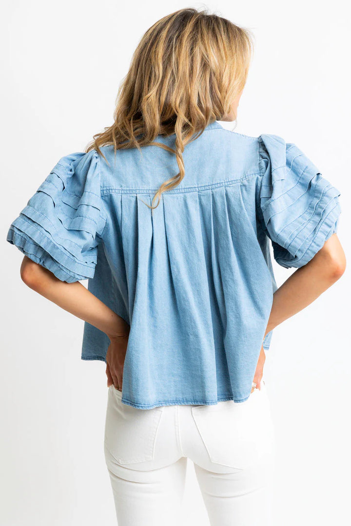 KARLIE: DENIM NOVELTY PLEAT TOP