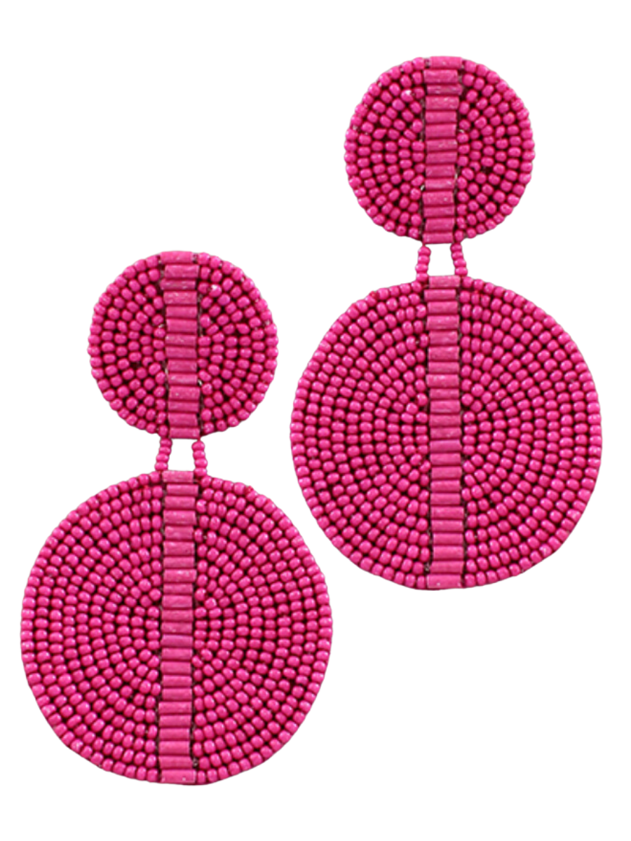 FUCHSIA BUGLE & SEED BEAD DOUBLE DISK EARRING