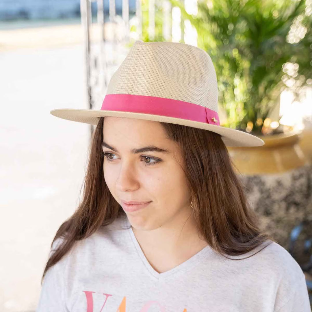 NATURAL & HOT PINK PANAMA WIDE BRIM FEDORA