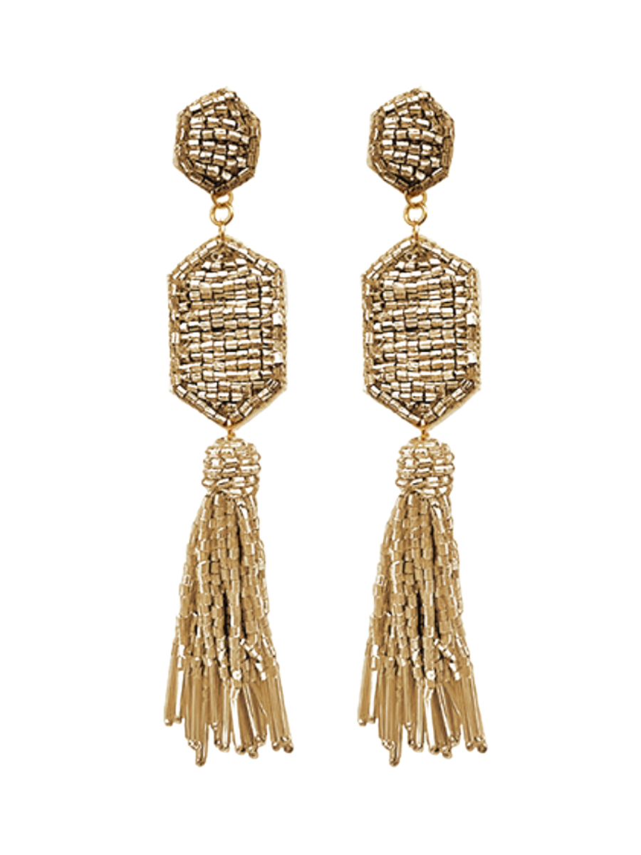 GOLD BEADED HEXAGON TASSEL EARRINGS