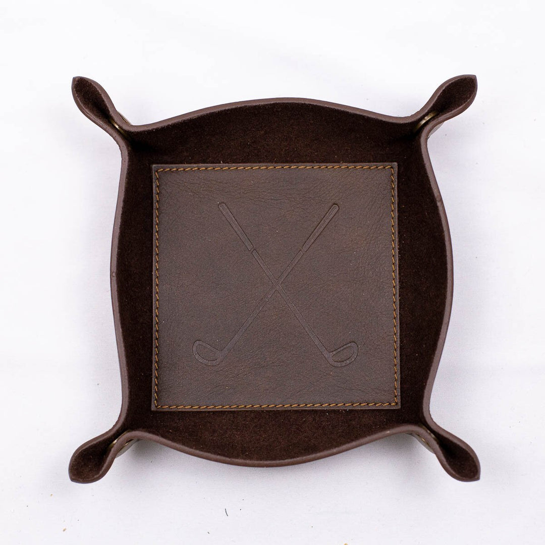 DARK BROWN GOLF LEATHER EMBOSSED VALET TRAY