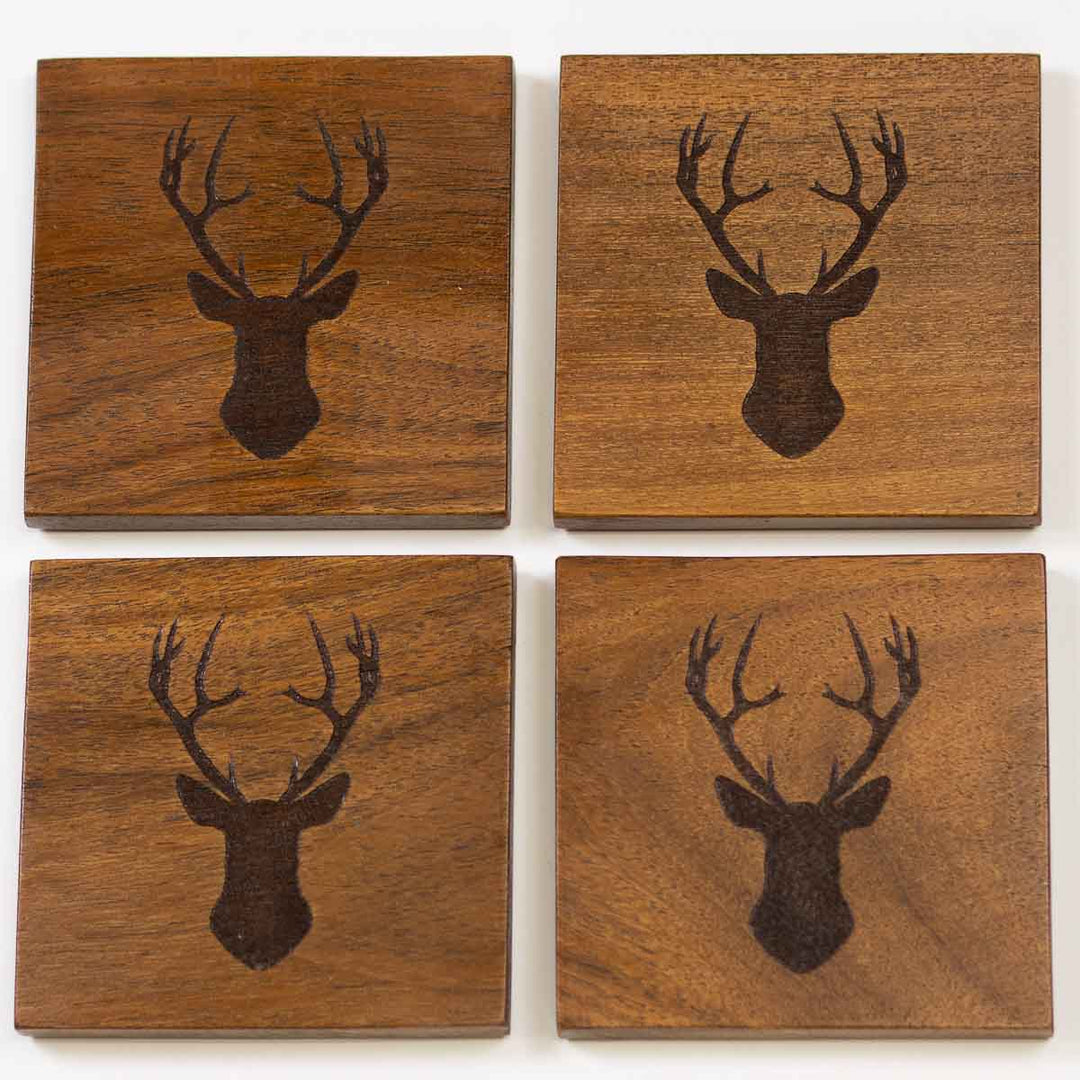 DEER ETCHED WOOD COASTER SET