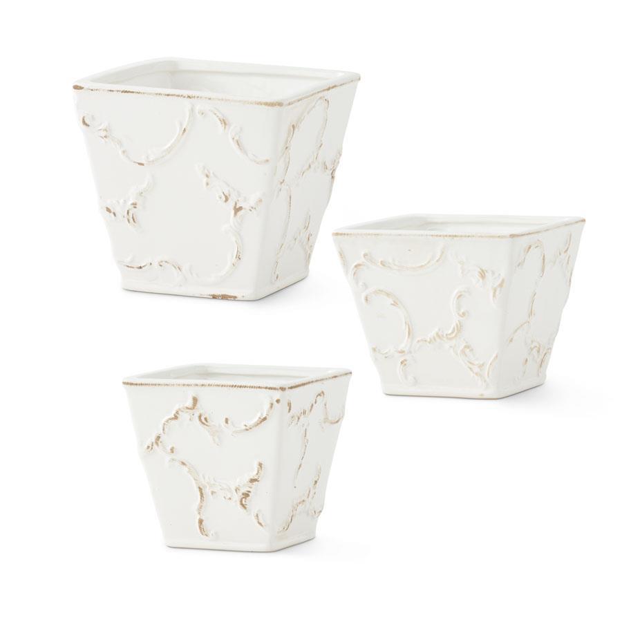 CERAMIC SCROLL EMBOSSED SQUARE POT