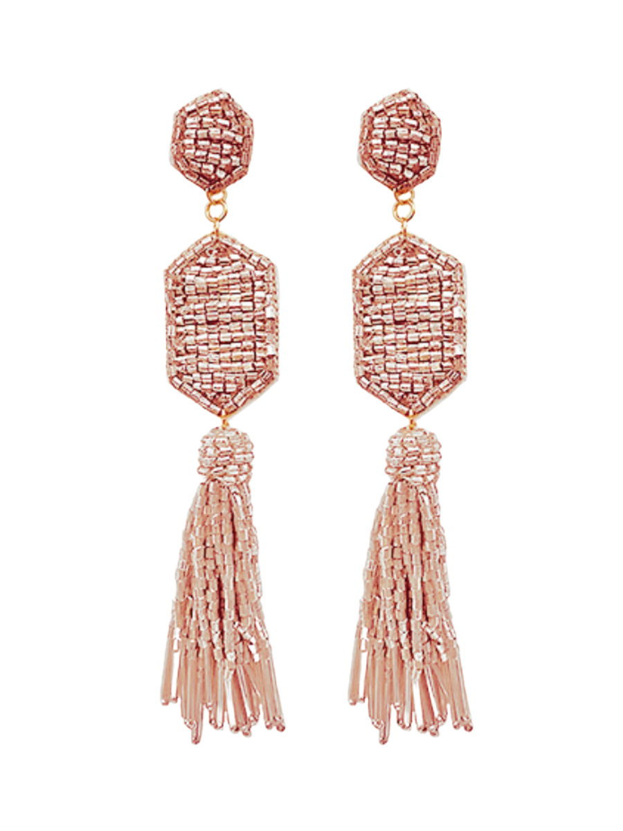 ROSE GOLD BEADED HEXAGON TASSEL EARRINGS