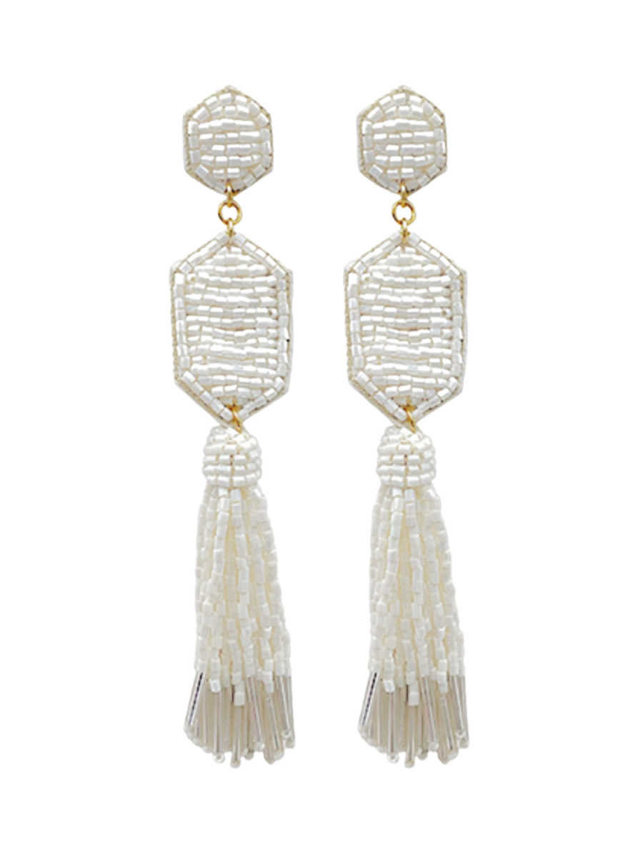 WHITE BEADED HEXAGON TASSEL EARRINGS