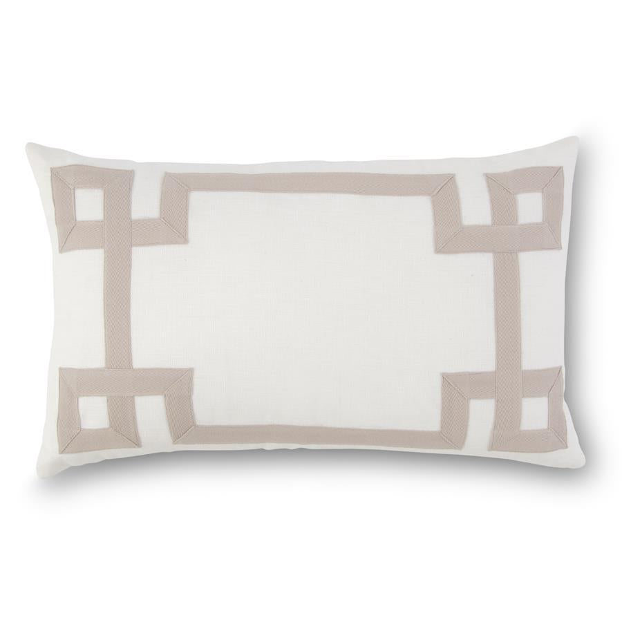 RECTANGULAR WHITE LINEN PILLOW WITH TAN GEOMETRIC PATTERN