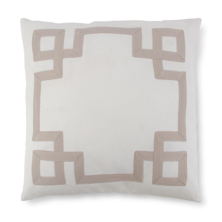 SQUARE WHITE LINEN PILLOW WITH TAN GEOMETRIC PATTERN