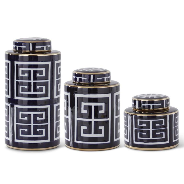 BLUE & WHITE WITH GOLD GREEK KEY LIDDED PORCELAIN JAR