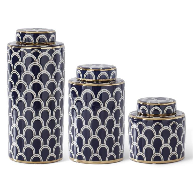 BLUE & WHITE WITH GOLD SCALLOPS PORCELAIN LIDDED JAR