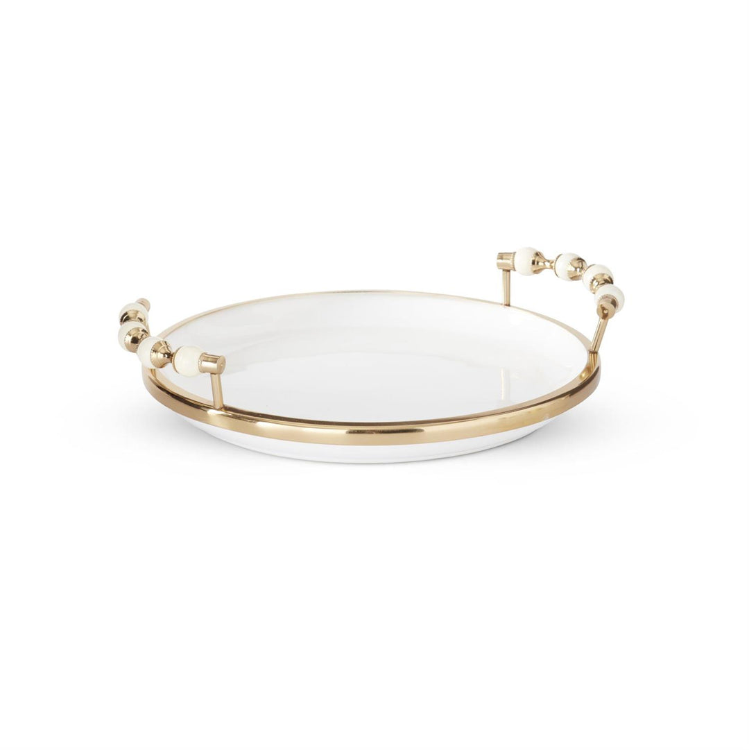 WHITE CERAMIC BRASS RIM ROUND HANDLED TRAY