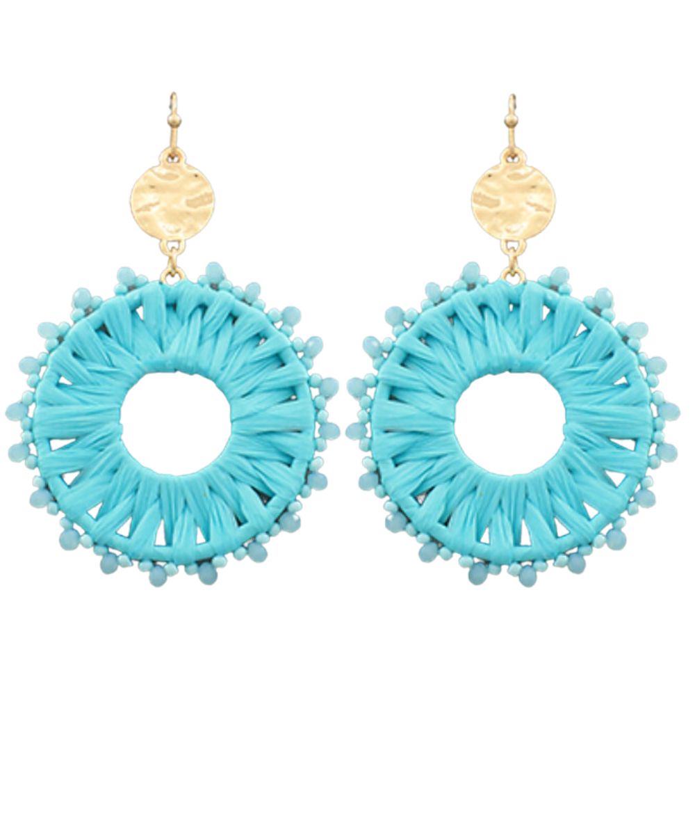 TURQUOISE RAFFIA CIRCLE BEAD DANGLE EARRINGS