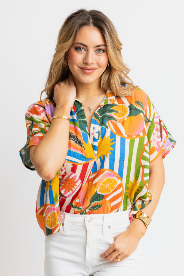 KARLIE: BLUE TROPICAL ISLAND FRUIT VNECK COLLAR TOP