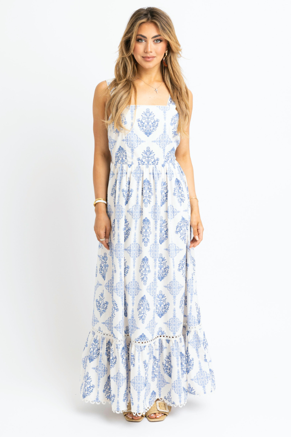 KARLIE: Blue French Vintage Floral Tie Back Maxi Dress S