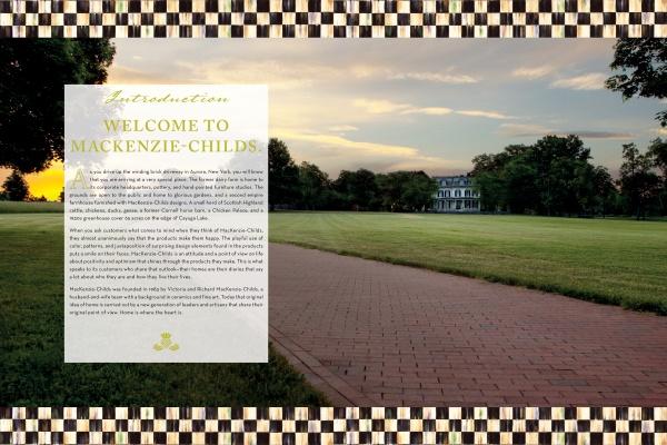 Welcome sign at the entrance of Mackenzie Childs with a scenic background.