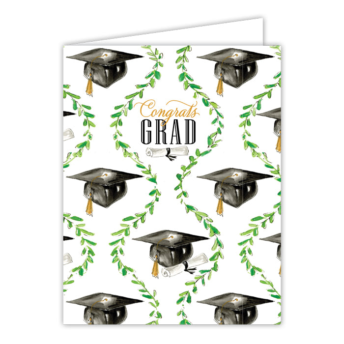 CONGRATS GRAD CAPS & GREEN VINE GREETING CARD