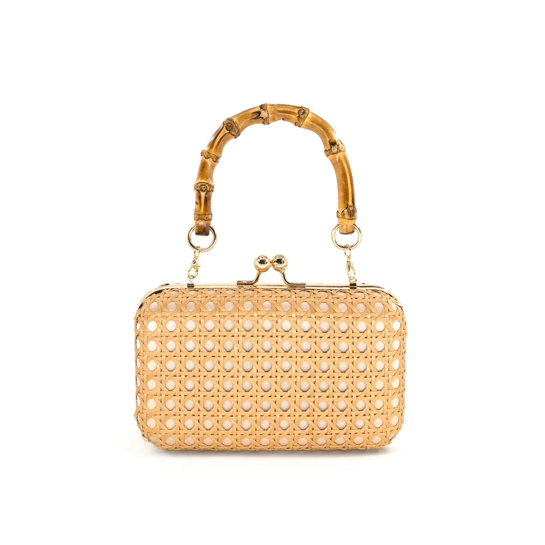 TAN CANE RATTAN TOP HANDLE CLUTCH