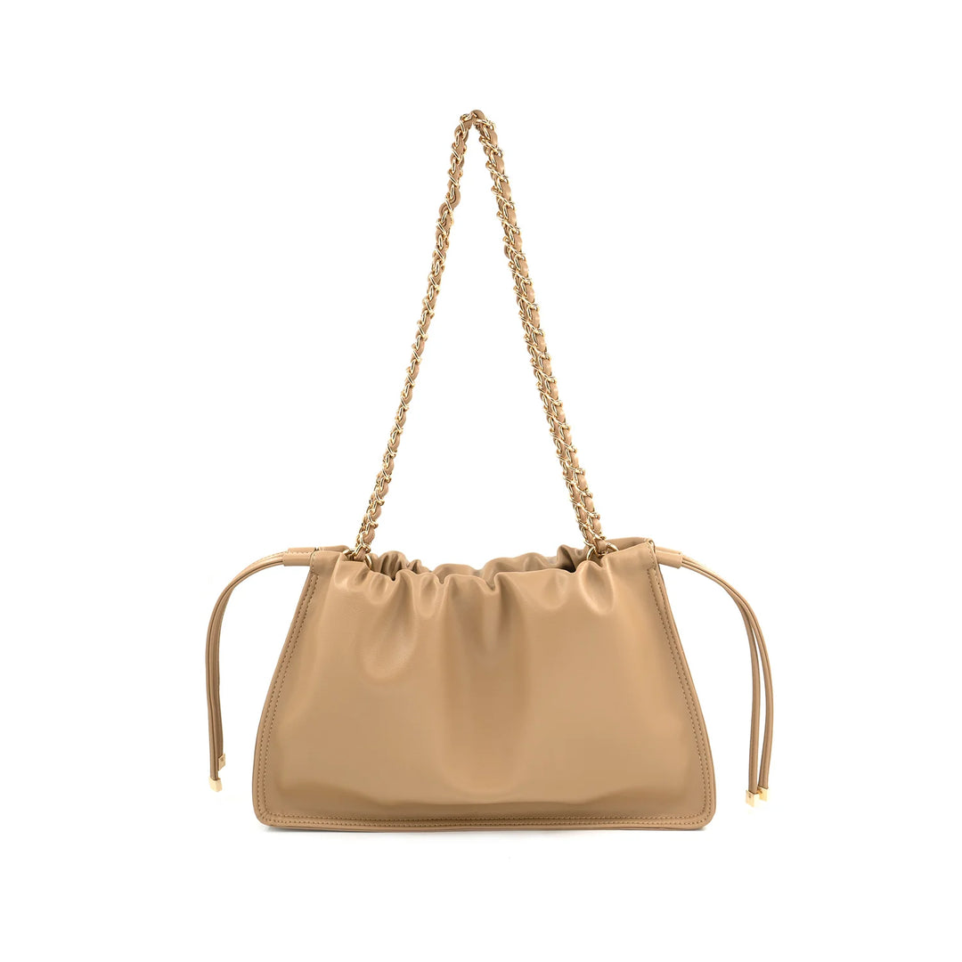 TAN DRAWSTRING GOLD CHAIN PURSE