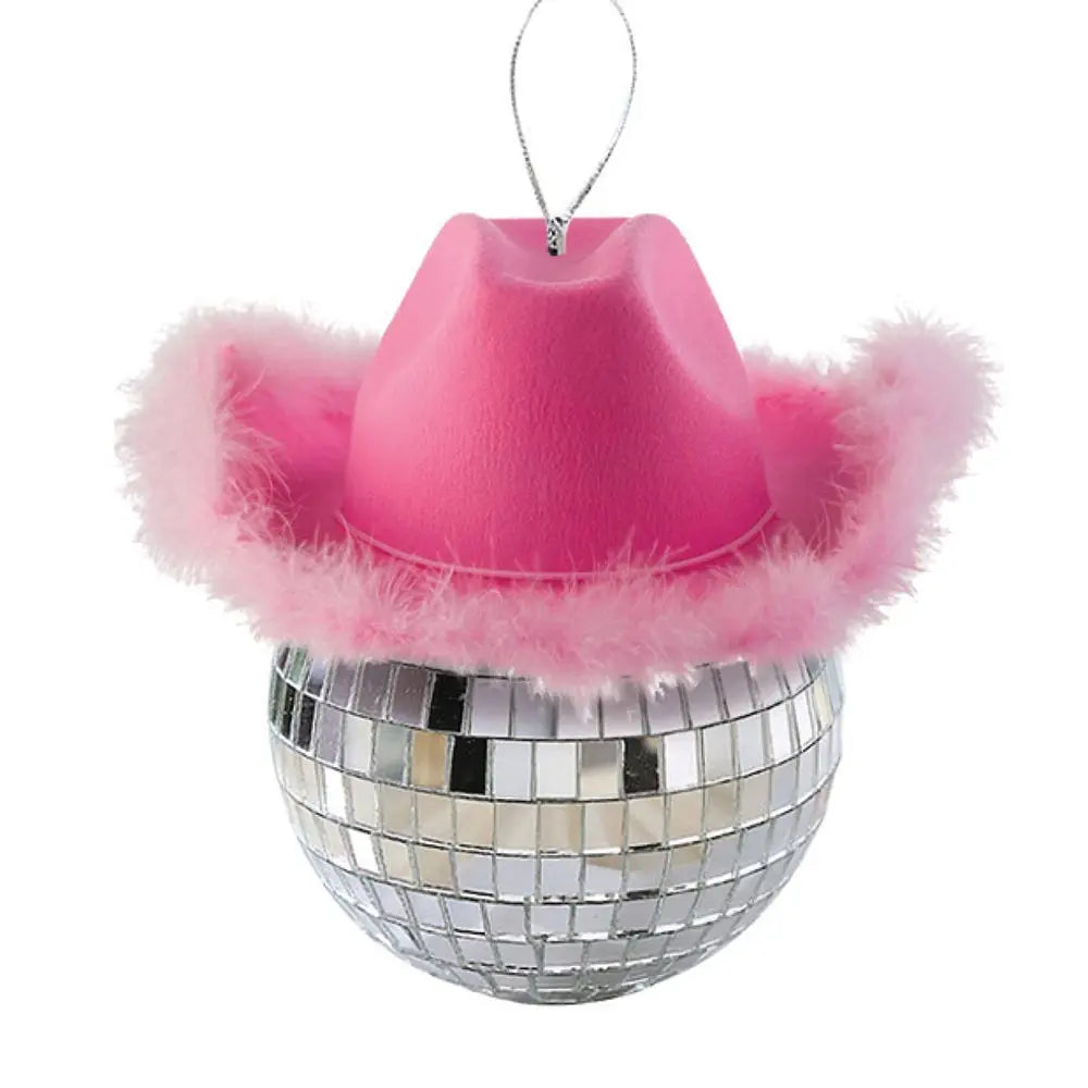 SILVER MIRROR BALL WITH PINK COWBOY HAT ORNAMENT