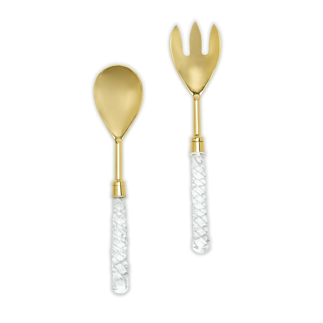 Gold spoon and fork set with white woven handles on a white background