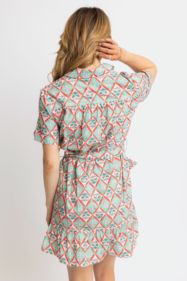 KARLIE: GREEN PARIS FLORAL POCKET SHIRT DRESS W/ BELT