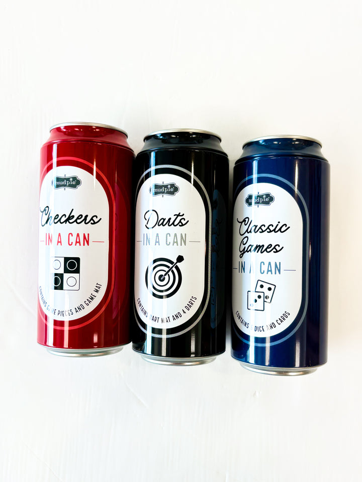 Aluminum Twist Top Beer Can Game Set – Includes Checkers, Darts, Playing Cards, and Dice | Walker Boutique