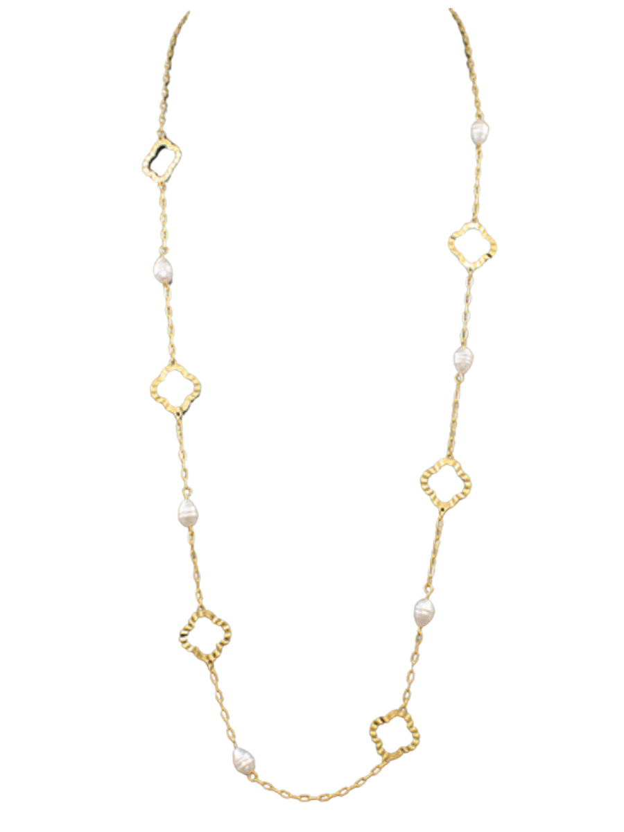 GOLD CLOVER & PEARL LONG NECKLACE