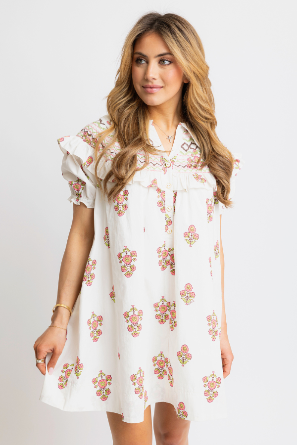 KARLIE: IVORY FLORAL EMBROIDERED PETER PAN DRESS  Walker Boutique