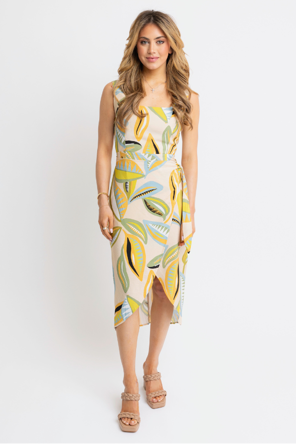 KARLIE: ABSTRACT LEAF WRAP TANK DRESS