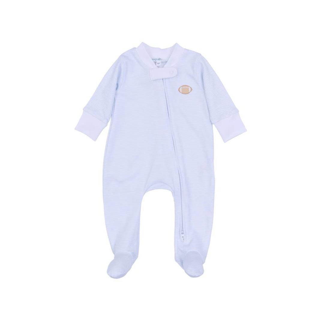 TOUCHDOWN CUTIE EMBROIDERED BLUE ZIPPER FOOTIE