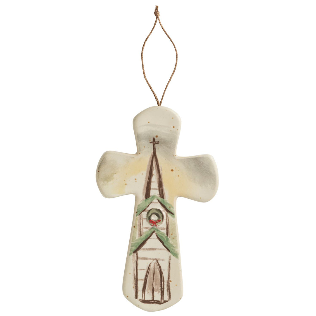 Stoneware cross with twine hanger. Sawtooth hardware.