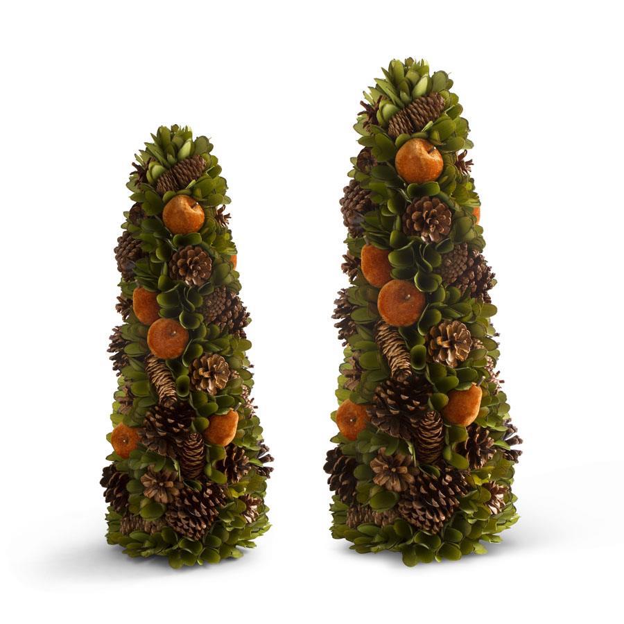Two decorative topiaries with green foliage, pinecones, and oranges on a white background