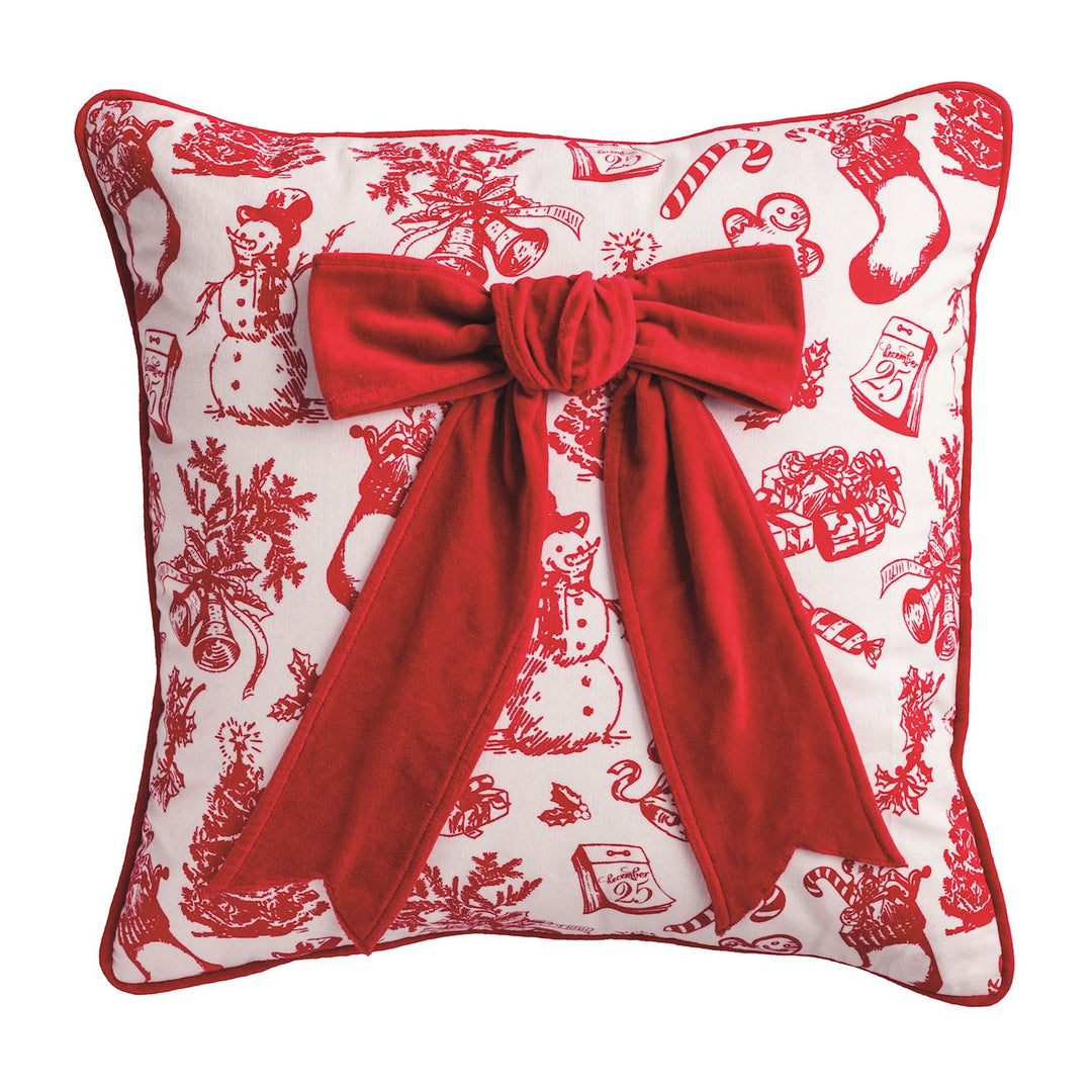 Toile cotton pillow features dimensional applied velvet bow, piped edge and tartan backing. Zipper closure.