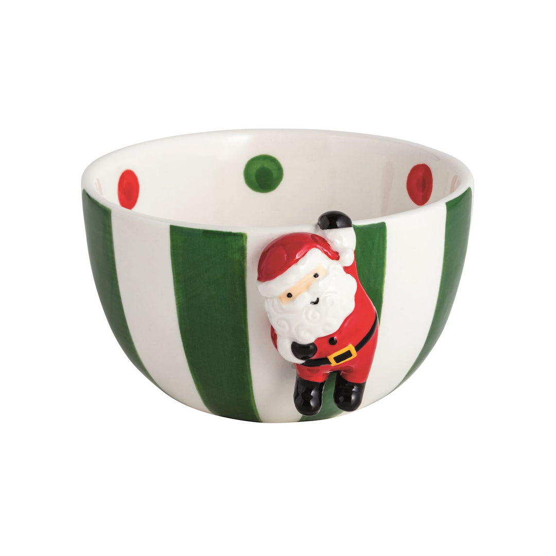 green and white stiped bowl with hanging santa attachement