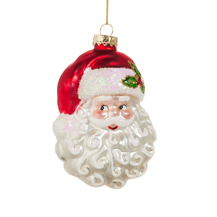 Christmas ornament shaped like a Santa Claus head with a red hat on a white background