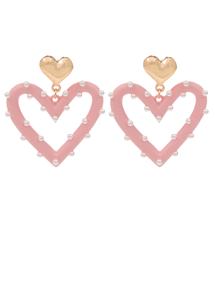 PEARL & PINK COATED HEART EARRINGS