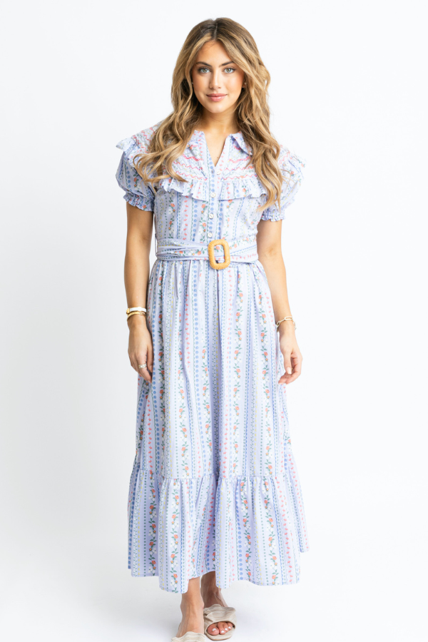 KARLIE: PERIWINKLE FRENCH FLORAL EMBROIDERED VINE BELTED MAXI DRESS