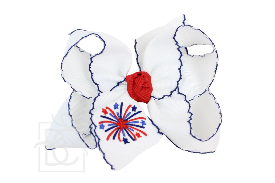 WHITE WITH DARK NAVY CROCHETED EDGES BOW WITH FIREWORKS