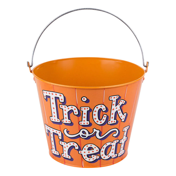 Orange bucket with 'Trick or Treat' text on a white background