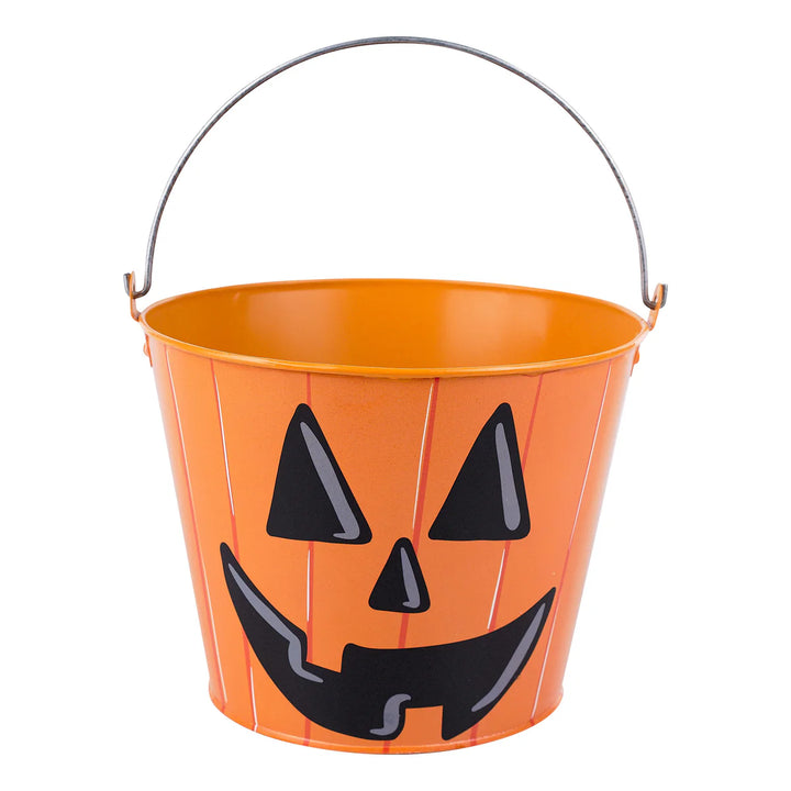 Orange Halloween bucket with black jack-o'-lantern face design on a white background