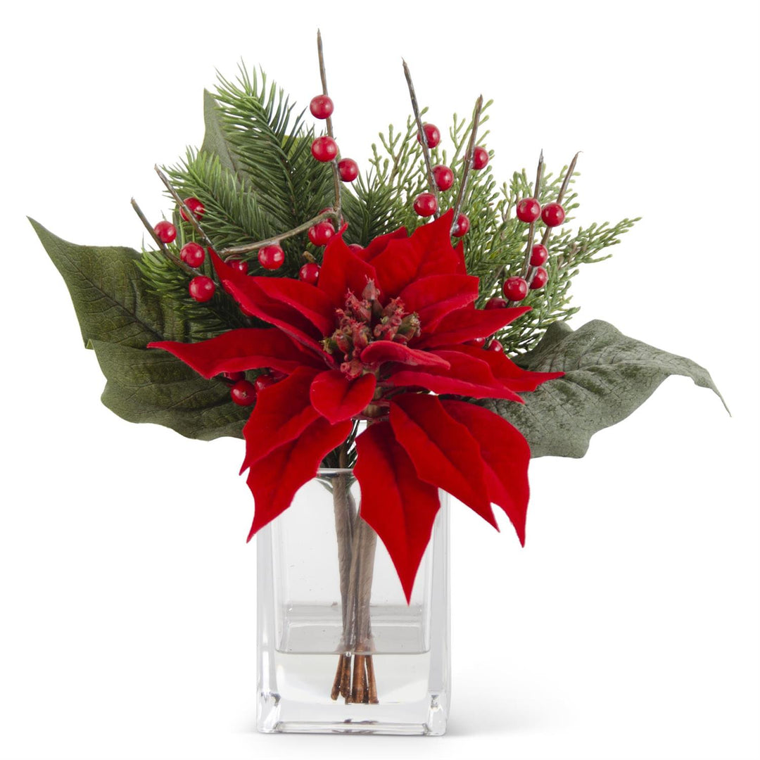 11" RED POINSETTIA & PINE PREMADE IN GLASS VASE