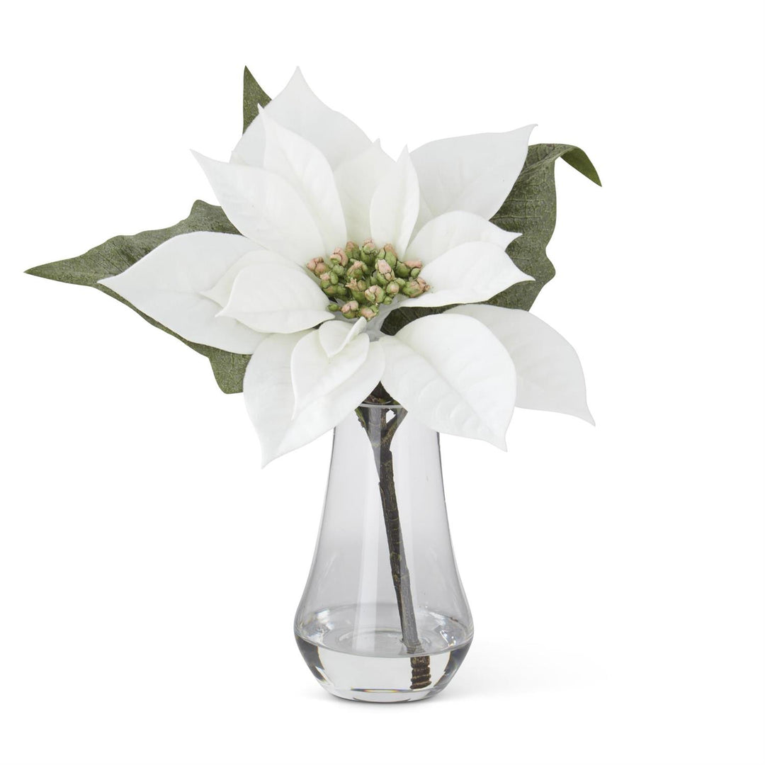 10" WHITE POINSETTIA IN CLEAR VASE WITH FAUX WATER
