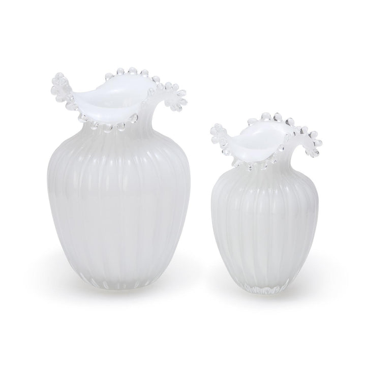 Two white decorative vases with unique designs on a white background