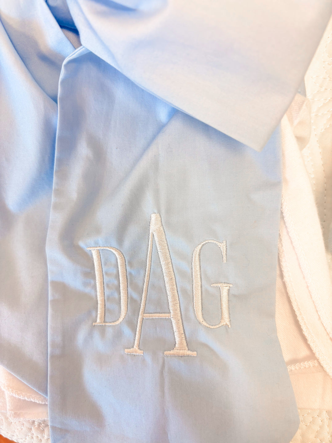 Light blue satin bag with 'DAG' monogram on a white background